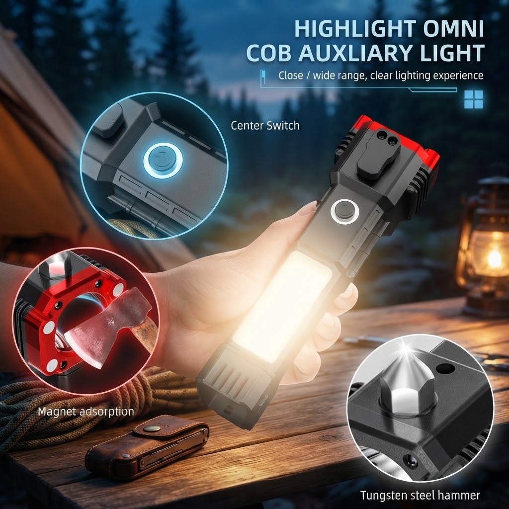 Multifunctional COB Auxiliary Flashlight with Magnet & Hammer