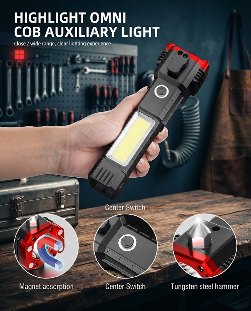 Multifunctional COB Auxiliary Flashlight with Magnet & Hammer